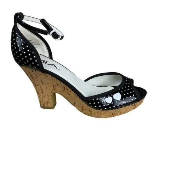 Mia Heartbreak Black Polka-Dot Peep-Toes w 3 3/4" Cork Heel Sandals  - Size 7 - Picture 1 of 9
